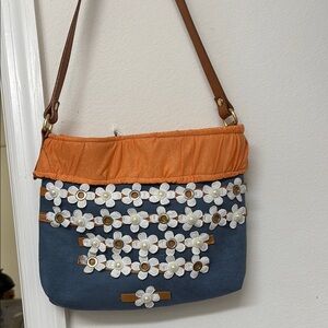 Floral Embellished Blue and Orange Shoulder Bag